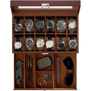 Watch Box, 12 Slot Mens Watch Case With Drawer, 2-Layer Watch Display Case